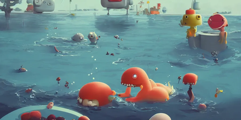 Prompt: cute cartoon monsters swimming in a pool by Goro Fujita and Simon Stalenhag , 8k, trending on artstation, hyper detailed, cinematic