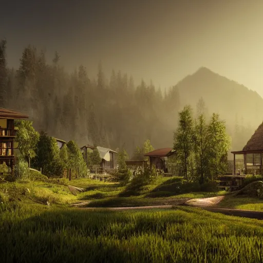 Prompt: ecovillage designed by olson kundig, day time, grand mountains and forest in the distance, farm and gardens, streams, white mist, sun in the sky, Cinematic, environment concept art, ethereal, ultra detailed, unreal engine style, cinematic light, trending in artstation, highly detailed, epic scene