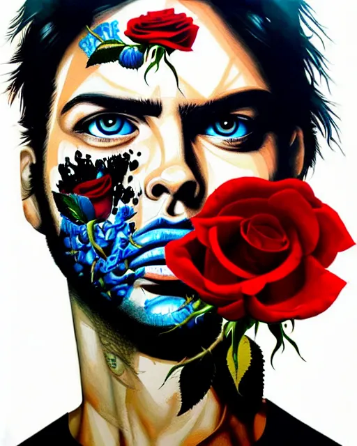 Prompt: split face of a man with pistol and roses in a deep sea with intricate details by Sandra Chevrier with half image