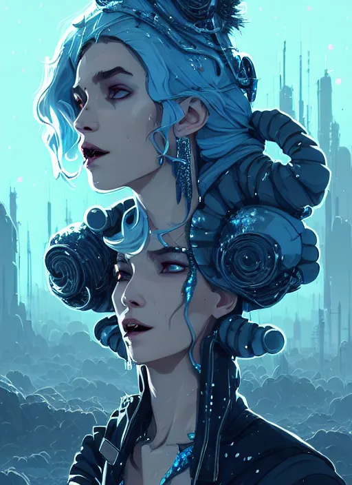 Image similar to highly detailed portrait of wasteland punk long curly white icey shard hair tribal lady, stray wiring by atey ghailan, james gilleard, by joe fenton, by greg rutkowski, by greg tocchini, by kaethe butcher, 4 k resolution, gradient blue, cyan, black and white color scheme!!! ( ( snowy glaciated robotic dystopian city background ) )