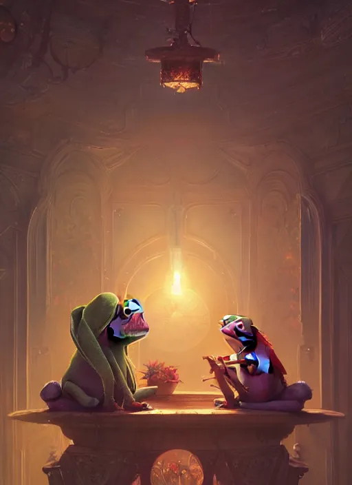 Prompt: Highly detailed portrait of Kermit the frog, Stephen Bliss, unreal engine, fantasy art by Greg Rutkowski, Loish, Rhads, ferdinand knab, Makoto Shinkai and Lois van baarle, ilya kuvshinov, rossdraws, Tom Bagshaw, alphonse mucha, global illumination, radiant light, detailed and intricate environment