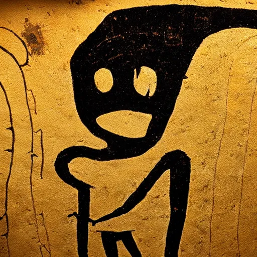 Prompt: neolithic cave painting of ( ( one eyed ) ) humanoid creature called patapon, 4 k, psp, japan studio game, art by rolito, high quality