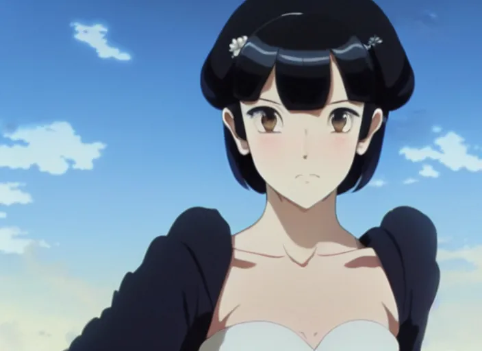 Image similar to a film still portrait of a fubuki as a confident woman, dark hair, black ornate dress, finely detailed features, closeup at the faces, perfect art, at an ancient city, gapmoe yandere grimdark, trending on pixiv fanbox, painted by greg rutkowski makoto shinkai takashi takeuchi studio ghibli, akihiko yoshida