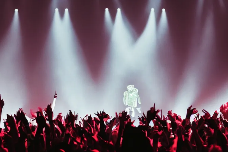 Prompt: kanye west on stage with hatsune miku, 85mm concert photography