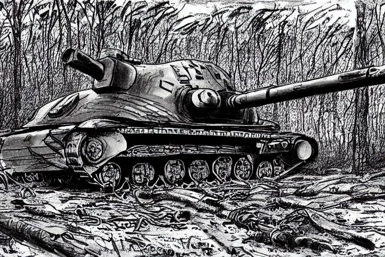 Prompt: oversized maus 1 0 0 - ton german tank, world war 2, artist's impression, crushing trees under track, steampunk, dieselpunk, black and white pen ink art