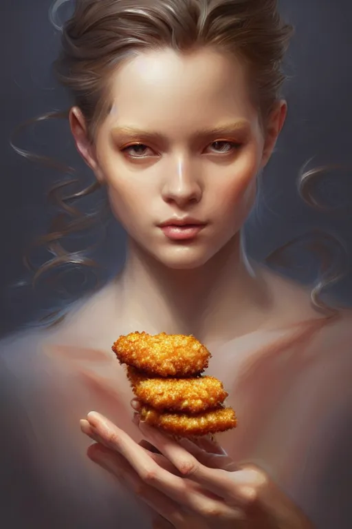 Prompt: nugget food!!, intricate, elegant, highly detailed, digital painting, artstation, concept art, smooth, sharp focus, illustration, art by artgerm and mike dargas and marco grassi, 8 k