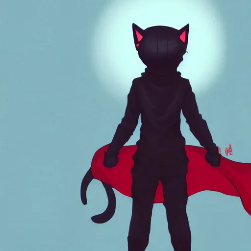 Prompt: little boy with cat ears in an black latex suit with red cape. digital artwork made by lois van baarle and kentaro miura, sharpness focus, inspired by hirohiko araki, anatomically correct, heroic composition, hero pose, dark city