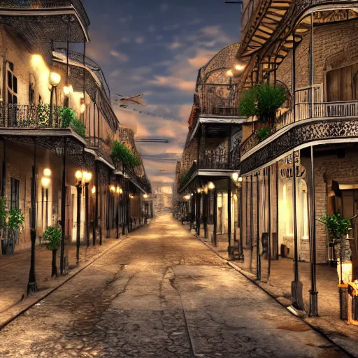 Prompt: photorealistic steampunk french quarter, new orleans, 8 k, detailed, photorealism, artstation, 2 5 mm