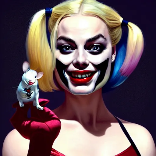 Image similar to perfectly-centered-Portrait of margot robbie as harley quinn licking a mouse, gotham city backround, intricate, elegant, super highly detailed, professional digital painting, artstation, concept art, smooth, sharp focus, no blur, no dof, extreme illustration, Unreal Engine 5, 8K, art by artgerm and greg rutkowski and alphonse mucha and loish and WLOP