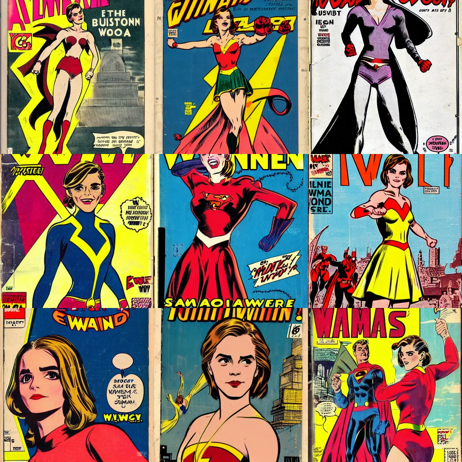 Prompt: vintage comic book cover where a emma watson is dressed as a superhero called emma watson standing proudly from below restored high quality limited edition high detail