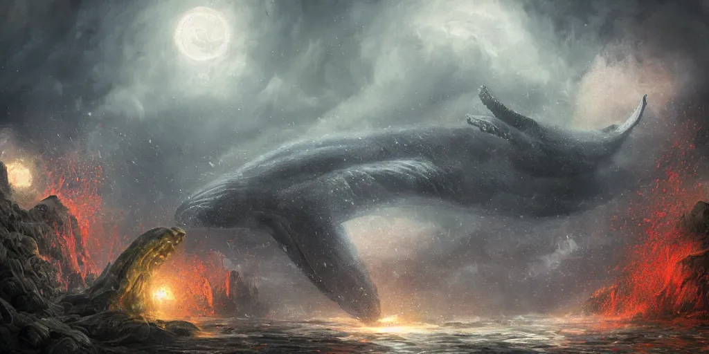 Image similar to concept art of giant whale, lava rocks, lovecraftian, renaissance, roaring, melting horror, round moon, rich clouds, fighting the horrors of the unknown, overgrown forest, very detailed, volumetric light, mist, fine art, decaying, textured oil over canvas, epic fantasy art, very colorful, ornate scales