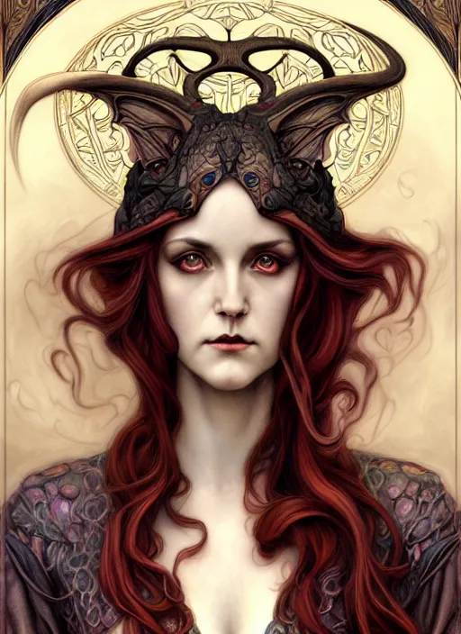 Image similar to an art nouveau, dragon portrait in the style of charlie bowater, and in the style of donato giancola, and in the style of charles dulac. very large, clear, expressive, intelligent eyes. symmetrical, centered, ultrasharp focus, dramatic lighting, photorealistic digital painting, intricate ultra detailed background.