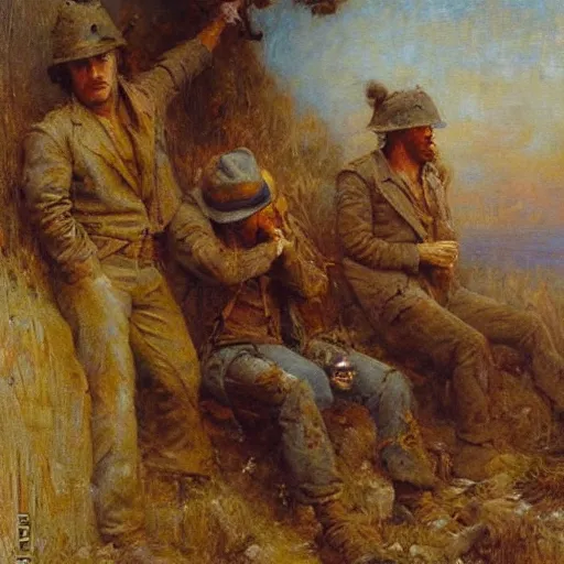 Prompt: Gaston Bussiere painting of tired and battered soldiers looking up and observing the first rays of sunlight during dawnbreak, dramatic painting, dark, scary, hopeful, very detailed, photorealistic painting