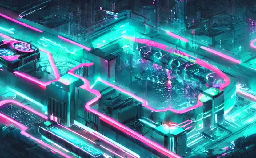 Image similar to sport ring, cyberpunk, rooftop, teal neon lights, highly detailed, digital painting, artstation, concept art, sharp focus, illustration