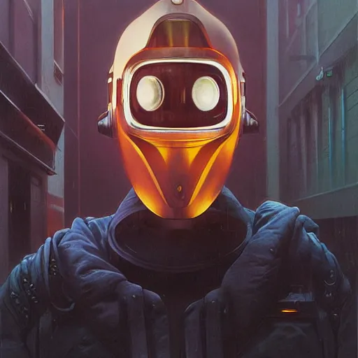 Image similar to dreary realism portrait of masked cyber punk helmet on the art deco streets of the big city, artstation, award - winning realistic sci - fi concept art by jim burns and greg rutkowski, beksinski, a realism masterpiece, muted color palette, james gilleard, bruegel, alphonse mucha, and yoshitaka amano