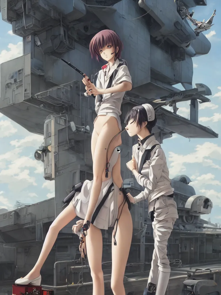 Image similar to Portrait of an anime woman smoking a cigarette, standing in front of a cyborg repair shop, intricate school uniform, whole body, feminine figure, smooth skin, gorgeous, pretty face, beautiful fashion model body, high detail, hyper realistic, while a lone futuristic military cargo ship flies overhead, by Greg Rutkowski and Krenz Cushart and Pan_Ren_Wei and Hongkun_st and Bo Chen and Enze Fu and WLOP and Madhouse Inc., anime style, crepuscular rays, set in rainy futuristic cyberpunk Tokyo street, dapped light, dark fantasy, cgsociety, trending on artstation