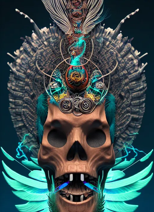 Image similar to 3 d shaman with tattoos profile portrait, sigma 5 0 0 mm f / 5. beautiful intricate highly detailed quetzalcoatl skull and feathers. bioluminescent, plasma, lava, ice, water, wind, creature, thunderstorm! artwork by tooth wu and wlop and beeple and greg rutkowski, 8 k trending on artstation,