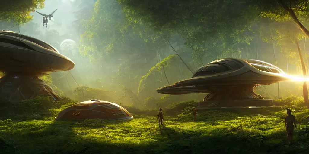 Image similar to a futuristic rusty old alien spaceship, next to it a smaller exploration ship on a landing pad, surrounded by a lush jungle, in the foreground two explorers are having a conversation and small animals are walking around, golden hour, sun beams, volumetric light, hyperdetailed, artstation, cgsociety, 8k