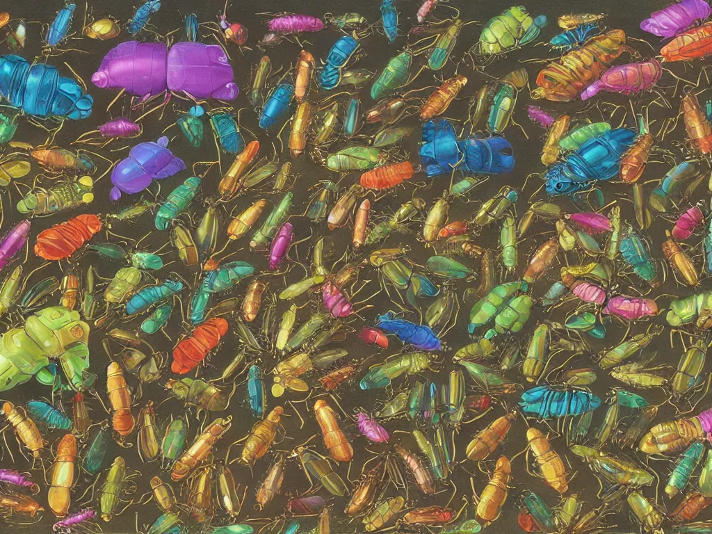 Image similar to Invasion of the iridescent bugs, painting by Walton Ford