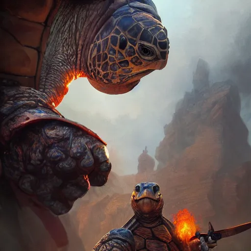 Image similar to turtle warrior with firesword, handsome, portrait, intricate, detailed, volumetric lighting, scenery, digital painting, highly detailed, artstation, sharp focus, illustration, concept art, ruan jia, steve mccurry