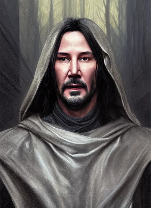 Image similar to Portrait of Keanu Reeves, silver long hair, cloak, male, fantasy, extremely detailed, digital painting, artstation, concept art, smooth, sharp focus, illustration, stunning lighting, art by artgerm and greg rutkowski and alphonse mucha and simon stalenhag, realistic character concept, low fantasy, light atmosphere, golden ratio, cinematic lighting, hyperdetailed, high resolution, insanely detailed and intricate, artstation, Marc Simonetti, Greg Rutkowski, 8k