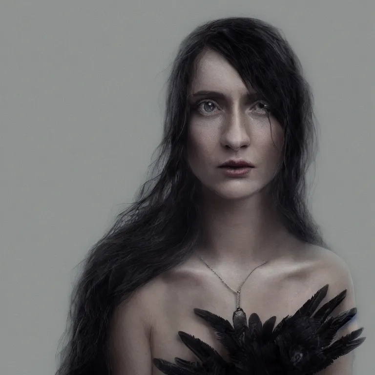 Image similar to hight focus of a wonderful realistic focused sweet wonderful symmetrical mid portrait in the center of image, of a lonely woman with a only a dress like a realistic black raven, dramatic light, octane render - 8 k