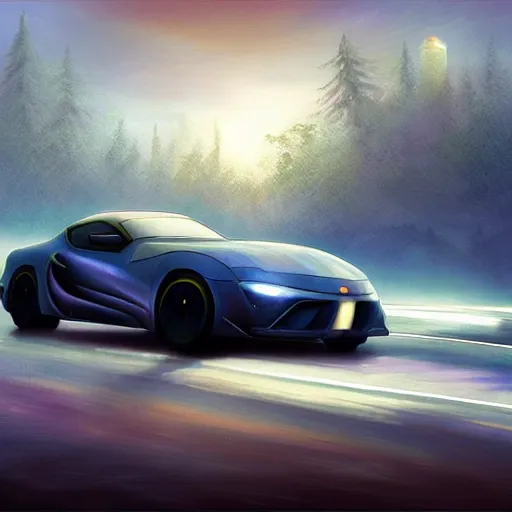 Image similar to a supra style car driving on a high way in a fog realistic atmosferic casper david friedrich raphael lacoste vladimir kush leis royo bruce pennington volumetric light effect broad light oil painting painting fantasy art style sci - fi art style realism artwork unreal engine