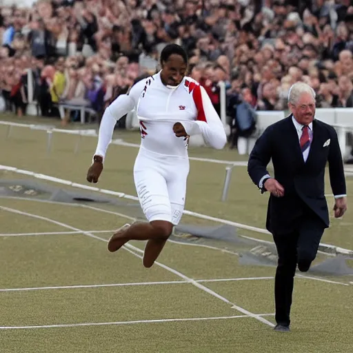 Image similar to photo finish as prince charles wins the 1 0 0 metres sprint in new world record