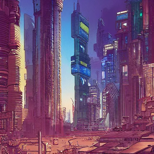 Image similar to a cyberpunk city, digital painting by moebius