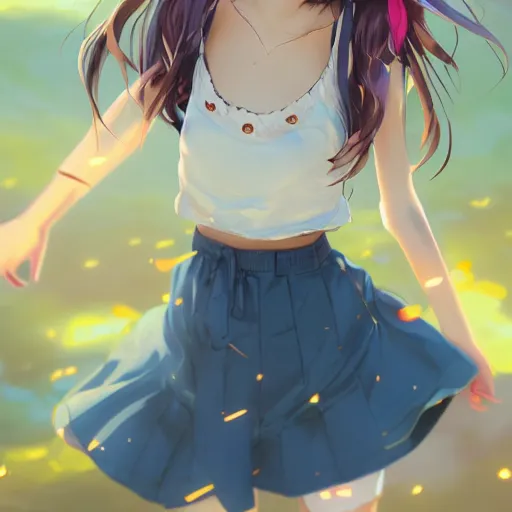 Image similar to a very beautiful anime girl, full body, long golden hair, sky blue eyes, full round face, short smile, short mini jeans skirt, cute top, summer lake setting, cinematic lighting, medium shot, mid-shot, highly detailed, trending on Artstation, Unreal Engine 4k, cinematic wallpaper by Stanley Artgerm Lau, WLOP, Rossdraws, James Jean, Andrei Riabovitchev, Marc Simonetti, and Sakimichan