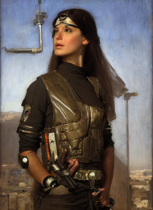 Image similar to beautiful cyberpunk pilot wearing military vest. Iranian orientalist portrait by john william waterhouse and Edwin Longsden Long and Theodore Ralli and Nasreddine Dinet, oil on canvas. Cinematic, hyper realism, dramatic lighting, high detail 4k