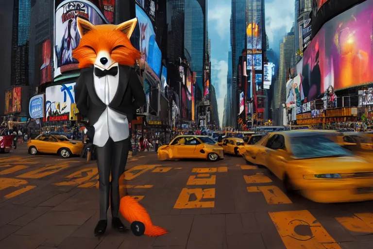 Prompt: anthropomorphic furry fox wearing a tuxedo stands on the times square ,detailed, environment, building, cinematic lights, rule of thirds, Artstation