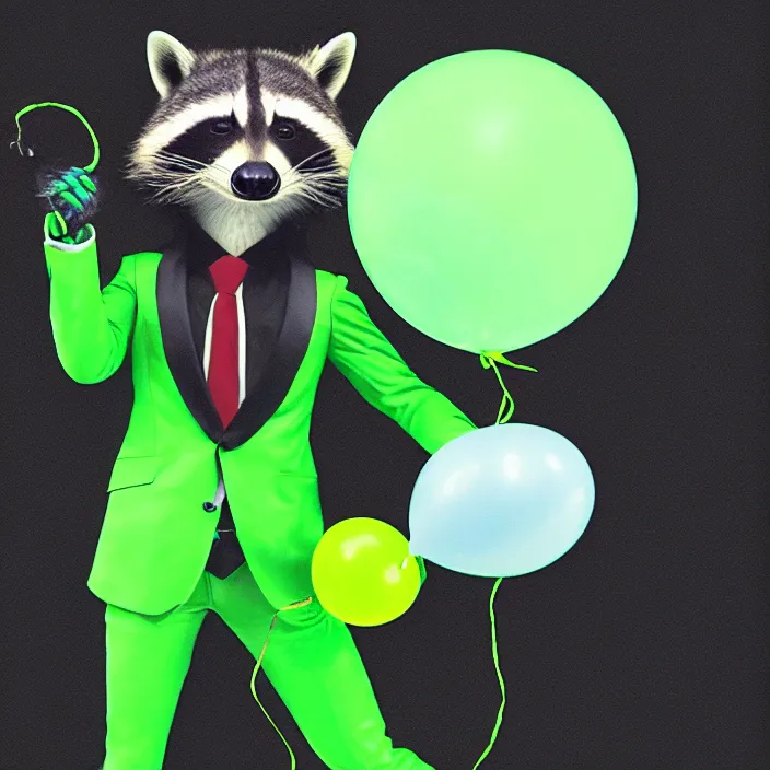 Image similar to an anthropomorphic neon green male raccoon fursona with a black tie holding a blue balloon by its string, photo, furry art, cute, 8 k