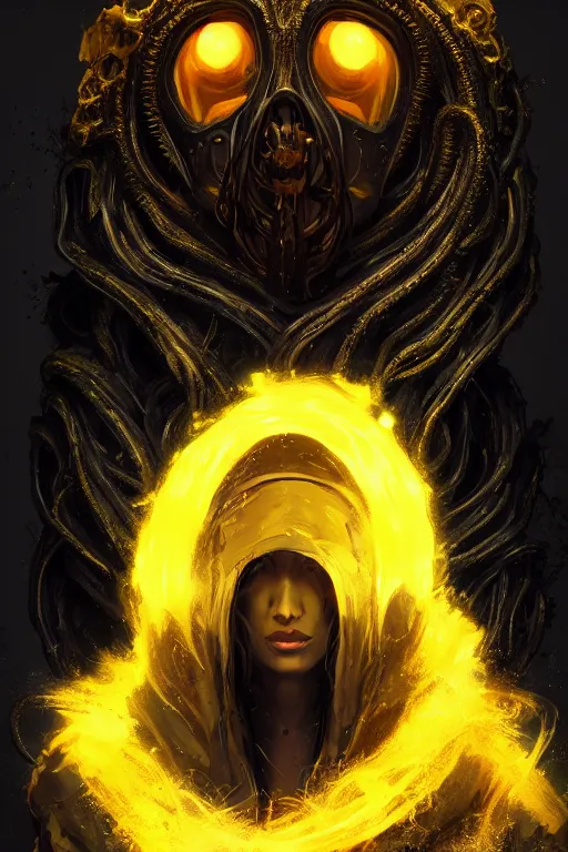 Prompt: A full body portrait of a mysterious character with an eye for a face with a very long hooded yellow cloak, a golden crown floating above his head tentacles coming out the ground art by Maciej Kuciara and Jason Chan, ominous, cosmic horror, trending on artstation, Ultra detailed, hyper realistic 4k