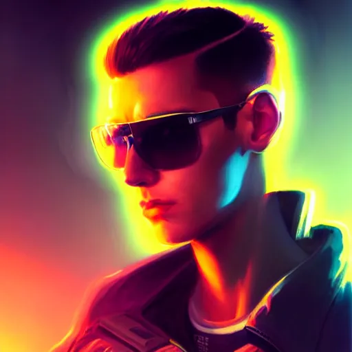 Prompt: detailed character full body portrait of a skinny buzz undercut masculine androgynous handsome federal government agent sunglasses tactical bulletproof kevlar on smoky neon background artgerm greg rutkowski mucha