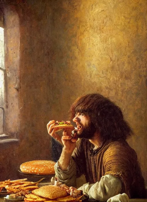 Image similar to young man eating a burger in a medieval dinning room, surrounded by starving people in front of a giant painting, extremely realistic and highly detailed painting by gaston bussiere, soft light, gold ratio