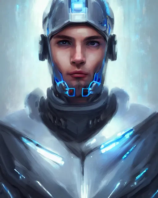 Image similar to portrait of handsome guy in cyber armor, dreamy and ethereal, expressive pose, bule eyes, exciting expression, fantasy, intricate, elegant, many lightning, cold color, highly detailed, digital painting, artstation, concept art, cyberpunk wearing, smooth, sharp focus, led, illustration.