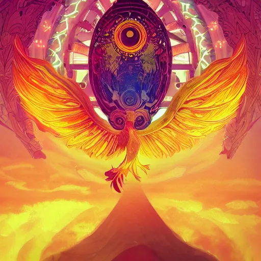 Prompt: the solarpunk phoenix, red bird, ornate egg, regeneration, landscape, epic composition, volumetric light, bokeh, inspired by peter mohrbacher and by alphonse mucha