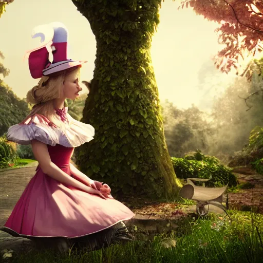 Image similar to alice sitting, alice in wonderland theme, disney photo realistic, octane render, 8 k, unreal engine, hd, cinematic lighting