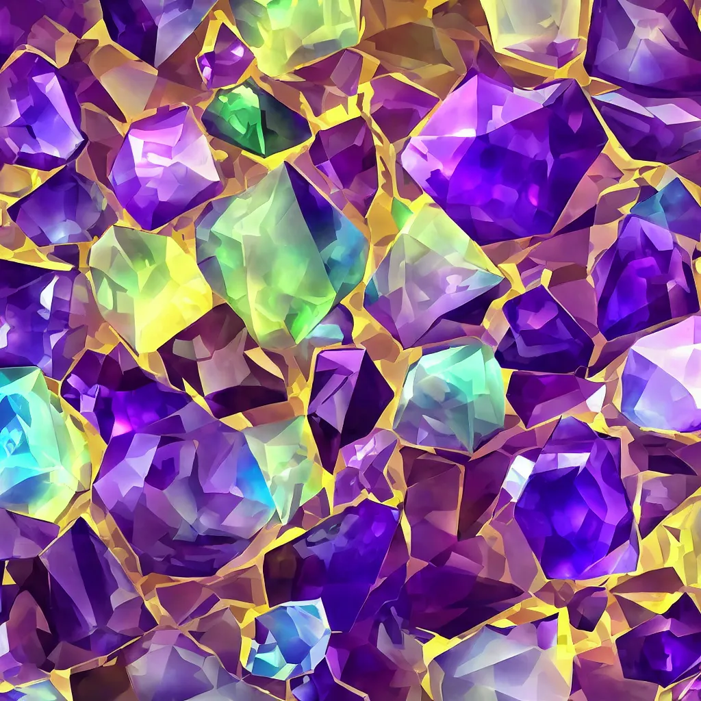 Image similar to amethyst gemstone prism multicolor gold liquid emeraud pearl quartz saphir grenat fluorite stylized digital illustration video game icon global illumination ray tracing advanced technology