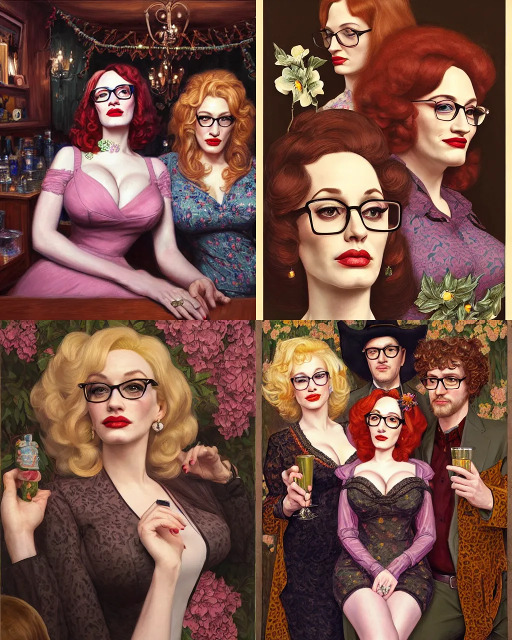 Prompt: sophisticated portrait of Christina Hendricks Dolly Parton Kat Dennings wearing glasses, 1960s flower power hippy, very smoky Paris bar, elegance, highly detailed, shallow depth of field, Artstation, Artgerm, Donato Giancola and Joseph Christian Leyendecker