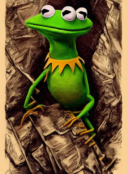 Image similar to portrait of Kermit the frog in Antichrist (2009), highly detailed, centered, solid color background, digital painting, artstation, concept art, smooth, sharp focus, illustration, artgerm, donato giancola, Joseph Christian Leyendecker, Les Edwards, Ed Repka, WLOP, Artgerm