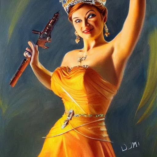 Prompt: An ultra realistic portrait painting of Princess Daisy wearing his orange dress and golden tiara in the style of Frank Frazetta, 4k, Ultrarealistic, Highly Detailed, Dark Fantasy, Epic Lighting