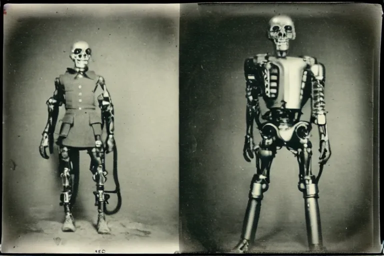 Image similar to dark old polaroid of an german scientist who created a terminator exoskeleton, world war 2