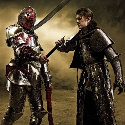 Image similar to fantasy horror movie showing a knight in razor blade armor using his bloody sword to fight a snake headed woman who is spitting venom at him.