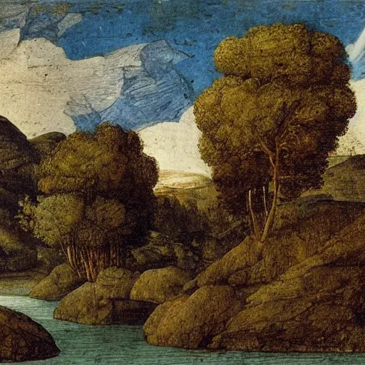 Image similar to a beautiful landscape, river, rocks, trees, by leonardo davinci