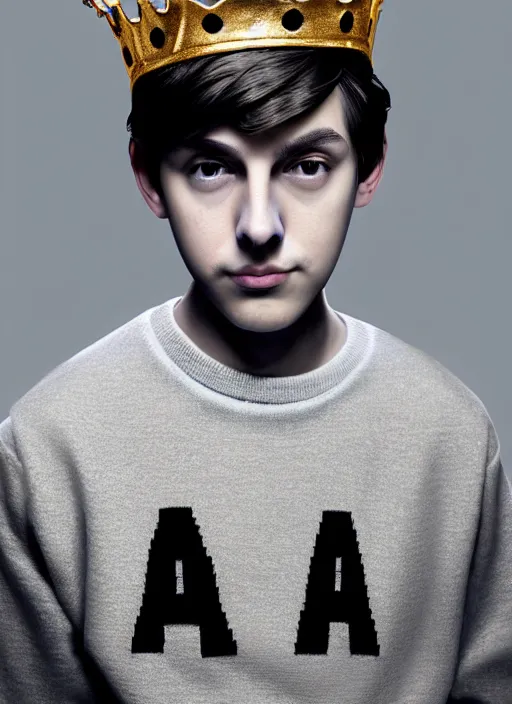 Image similar to portrait of teenage jughead jones wearing a light grey crown, photorealistic, crown, eyes closed, crown, black hair, sweater with letter s on it, letter s, intricate, elegant, glowing lights, highly detailed, digital painting, artstation, concept art, smooth, sharp focus, illustration, art by wlop, mars ravelo and greg rutkowski