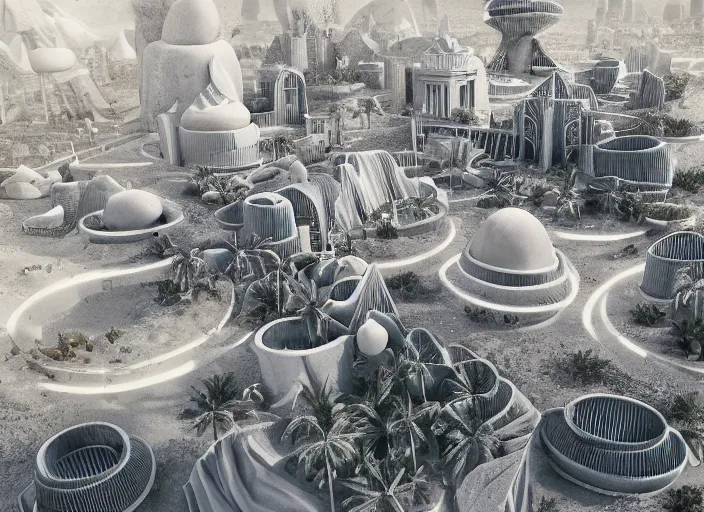 Prompt: cover concept art of the lost sand city, levitating sand, ground view, golden towers, golden pillars, palm trees, space and time, floating objects, post-processing, in the style of Hugh Ferriss, Behance, Artgerm. High detail, ultra realistic render, octane, 3D, photorealism, symmetric, cinematic