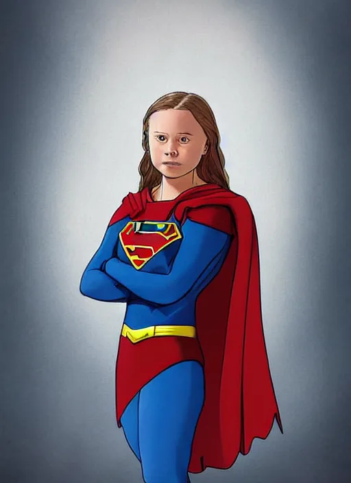 Image similar to greta thunberg as supergirl, detailed digital art, trending on Artstation