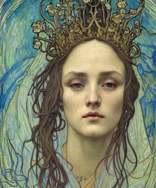 Image similar to detailed realistic beautiful young medieval queen face portrait by jean delville, alphonse mucha, vincent van gogh, and marco mazzoni, art nouveau, symbolist, visionary, gothic, pre - raphaelite